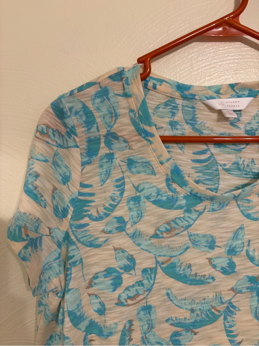 LC Lauren Conrad Blue Floral Leaf Print Slub Tee Top Size L - Picture 5 of 7